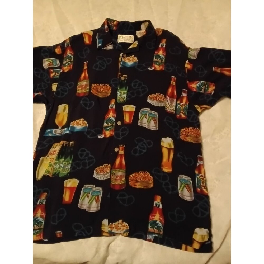 Hawaiian Beer Print Short Sleeve Button-Up Shirt Large Rayon